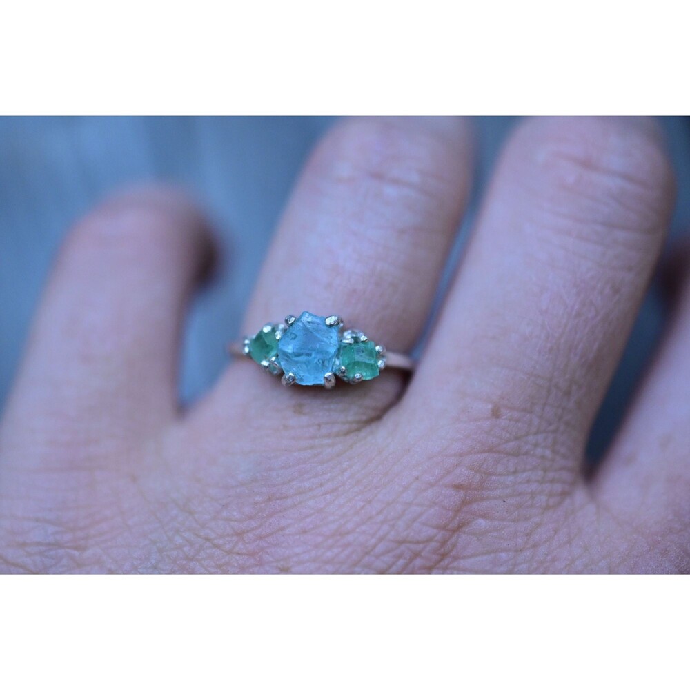 Natural Emerald Ring Raw aquamarine Engagement Ring Rough Emerald and aquamarine